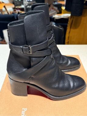 Christian Louboutin Karistrap Leather Ankle Boots with Wrap Strap - Women Shoes